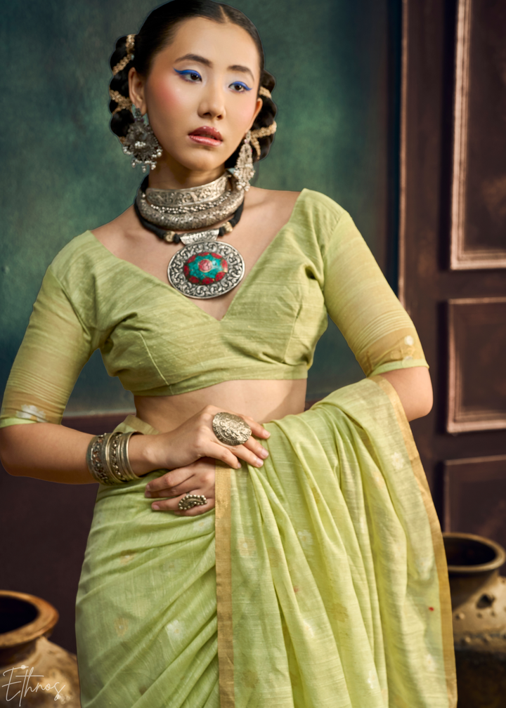 Citron Olive Artisan Floral Weave Munga Cotton Saree
