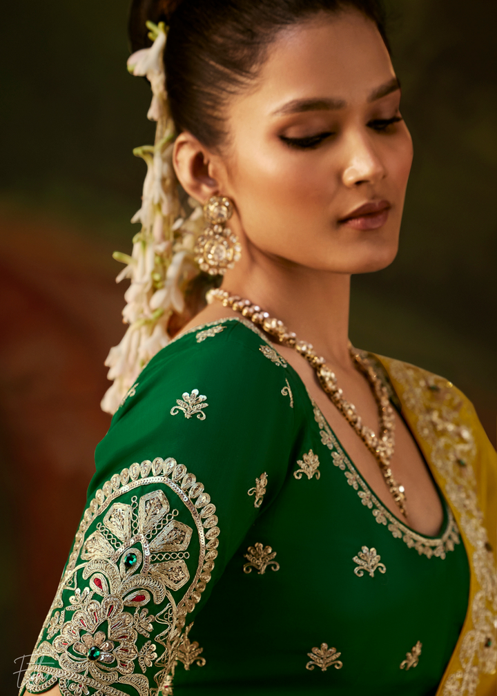 Citron Olive Tambour Embroidered Border Tissue Saree