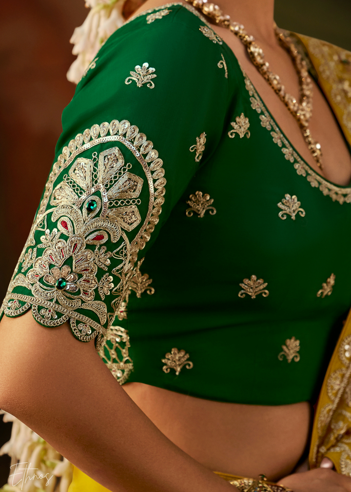 Citron Olive Tambour Embroidered Border Tissue Saree