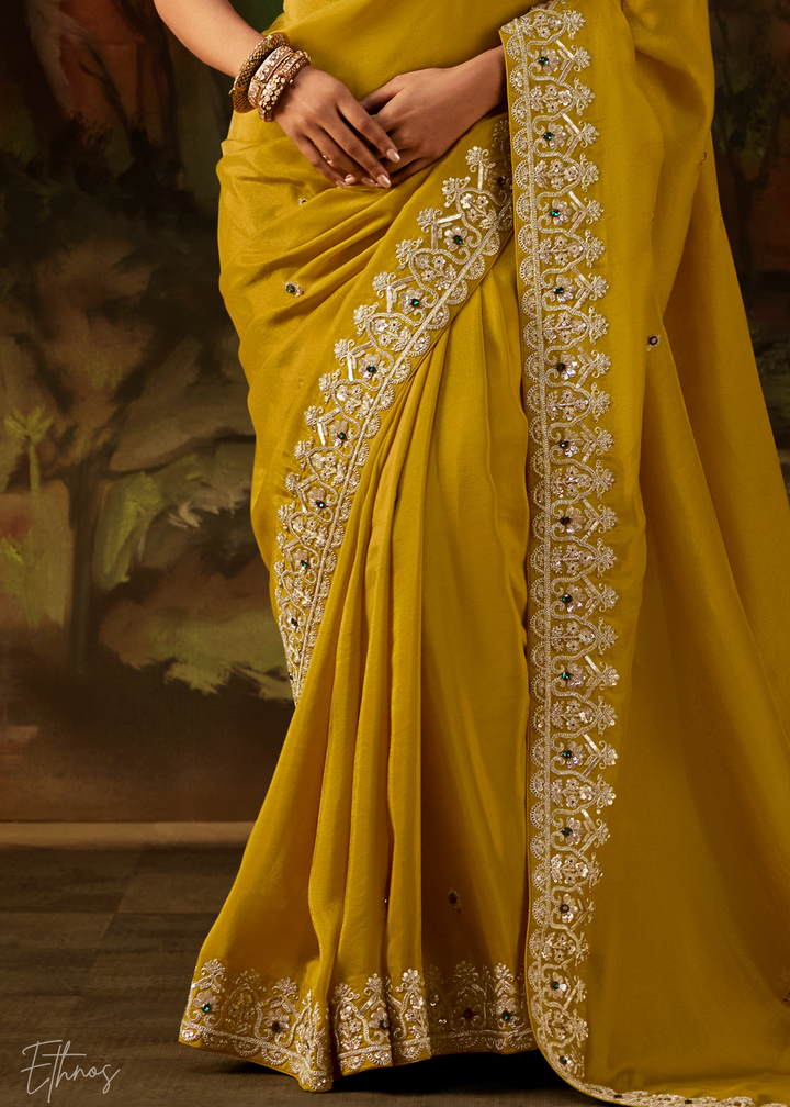 Citron Olive Tambour Embroidered Border Tissue Saree