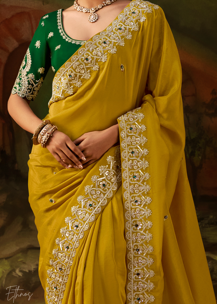 Citron Olive Tambour Embroidered Border Tissue Saree
