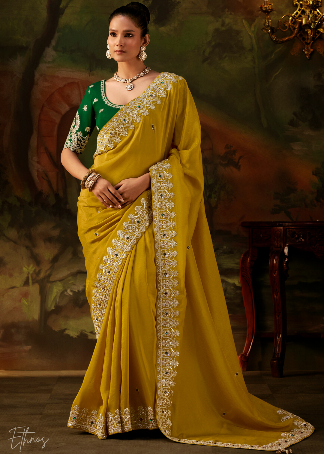Citron Olive Tambour Embroidered Border Tissue Saree