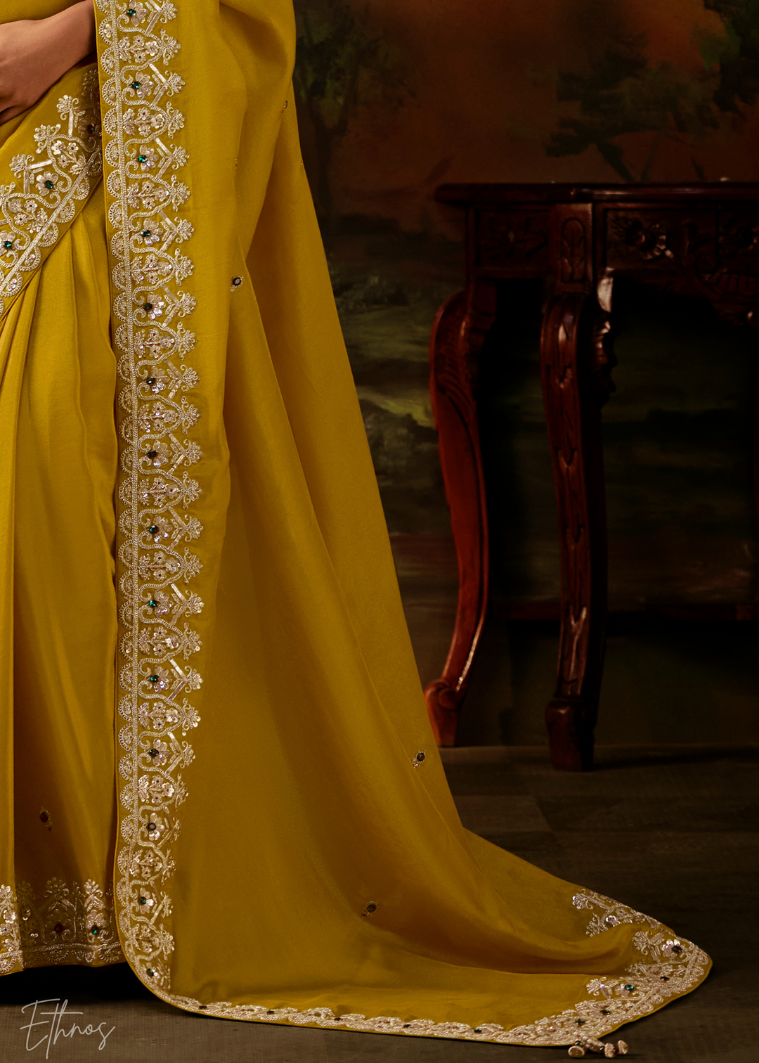 Citron Olive Tambour Embroidered Border Tissue Saree