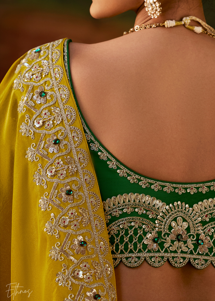 Citron Olive Tambour Embroidered Border Tissue Saree