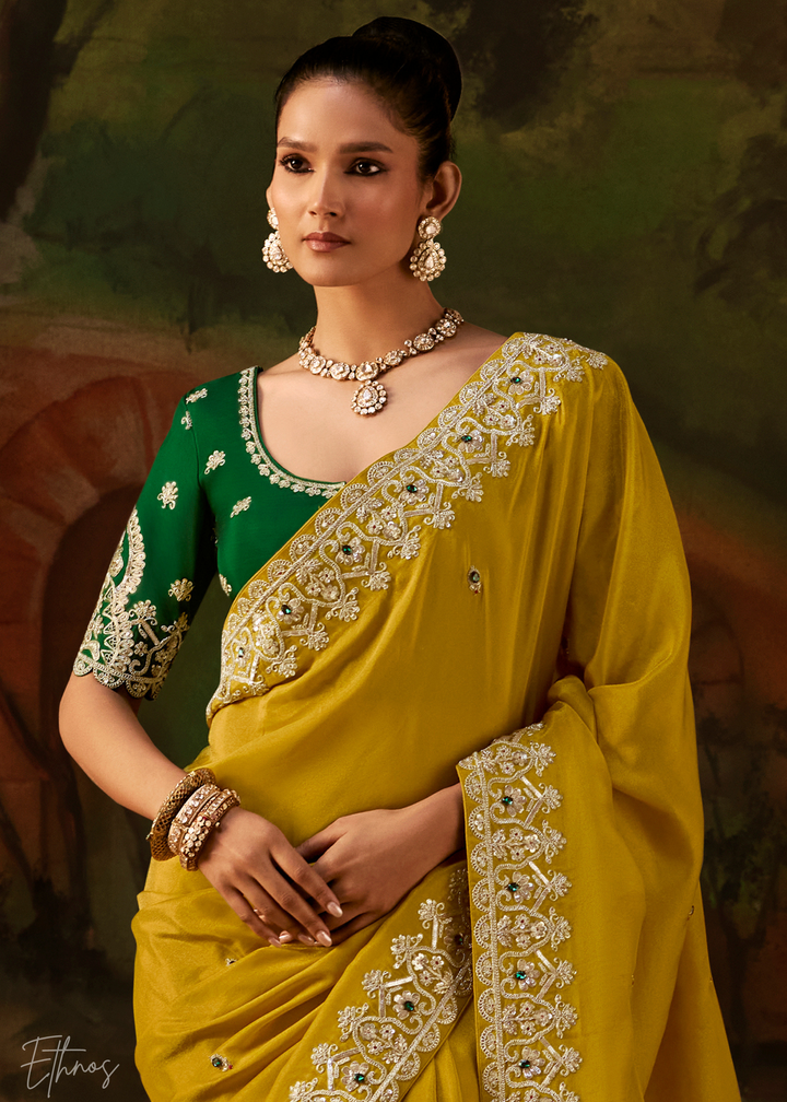 Citron Olive Tambour Embroidered Border Tissue Saree