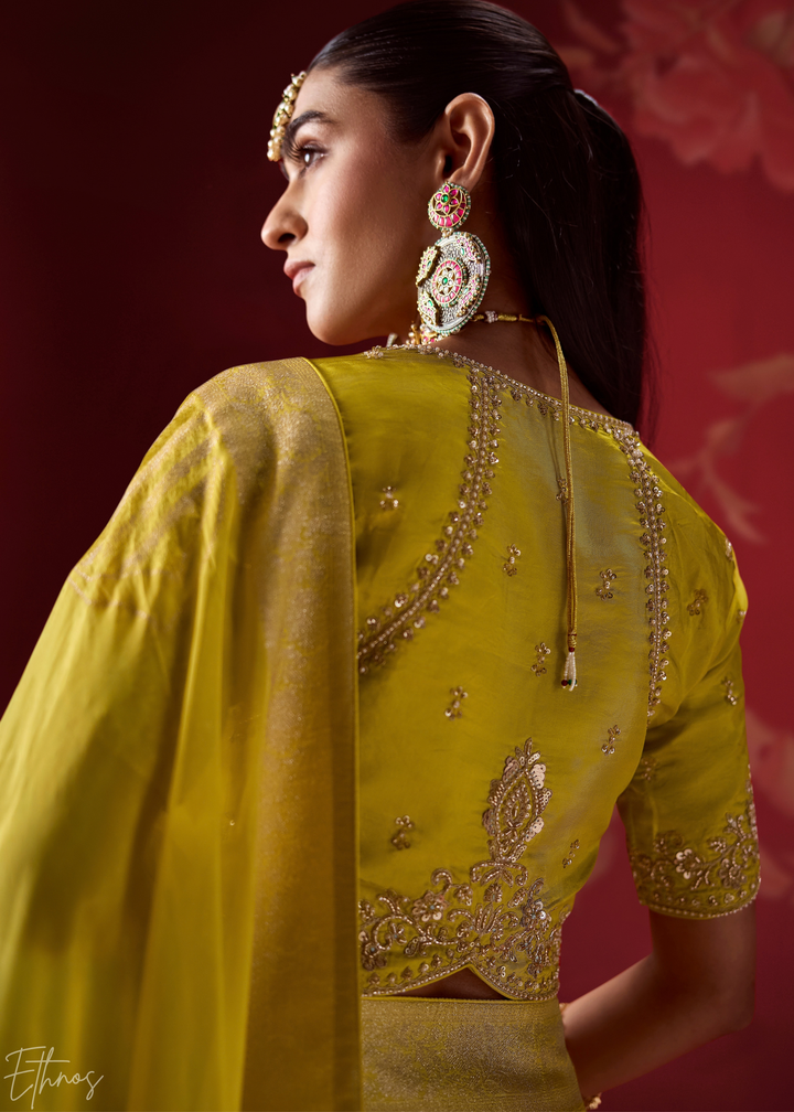 Citron Textured Chevron Ombre Dola Silk Saree
