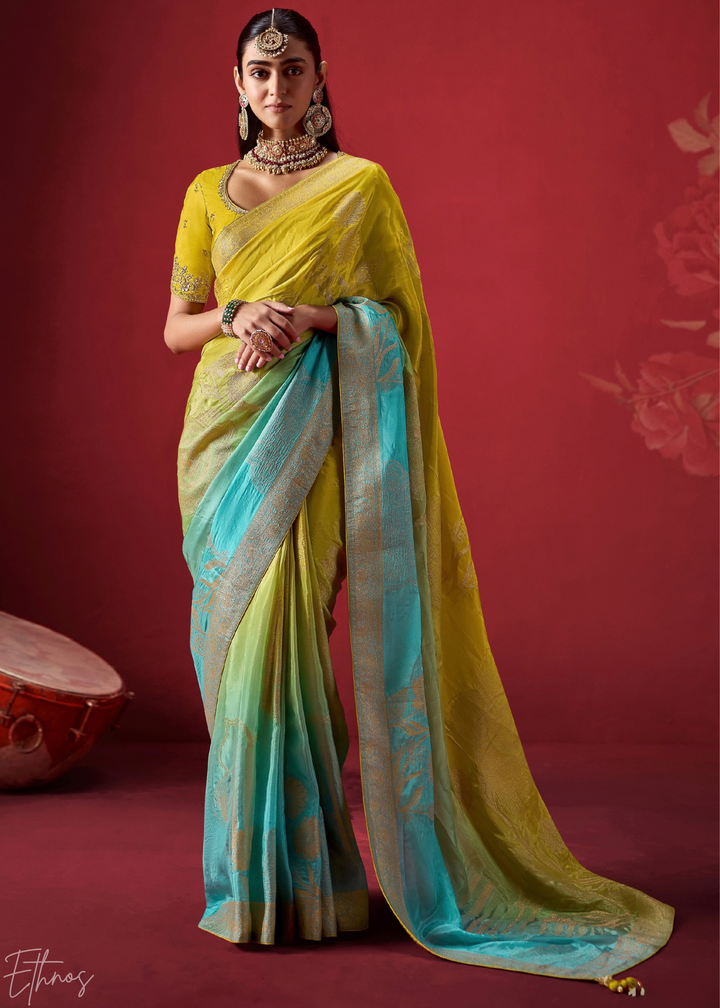 Citron Textured Chevron Ombre Dola Silk Saree