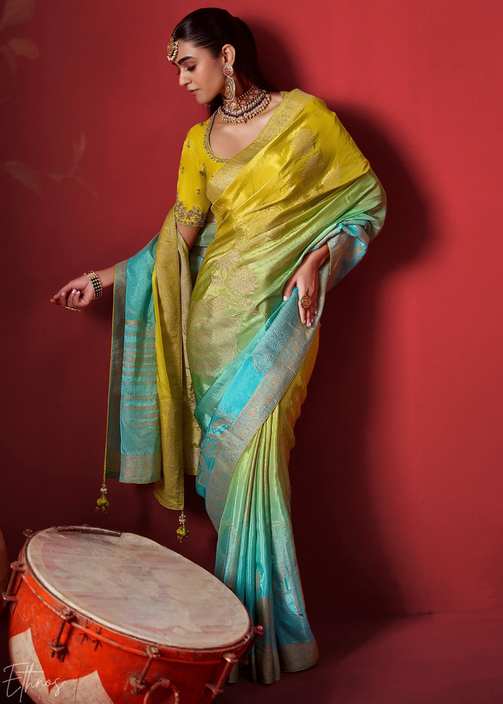 Citron Textured Chevron Ombre Dola Silk Saree