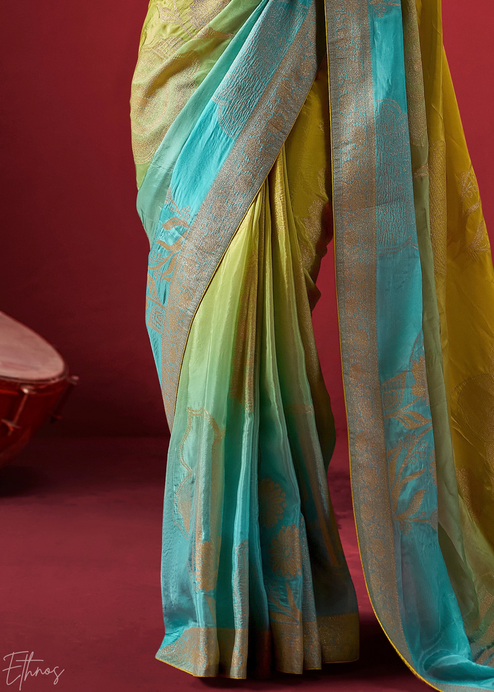 Citron Textured Chevron Ombre Dola Silk Saree