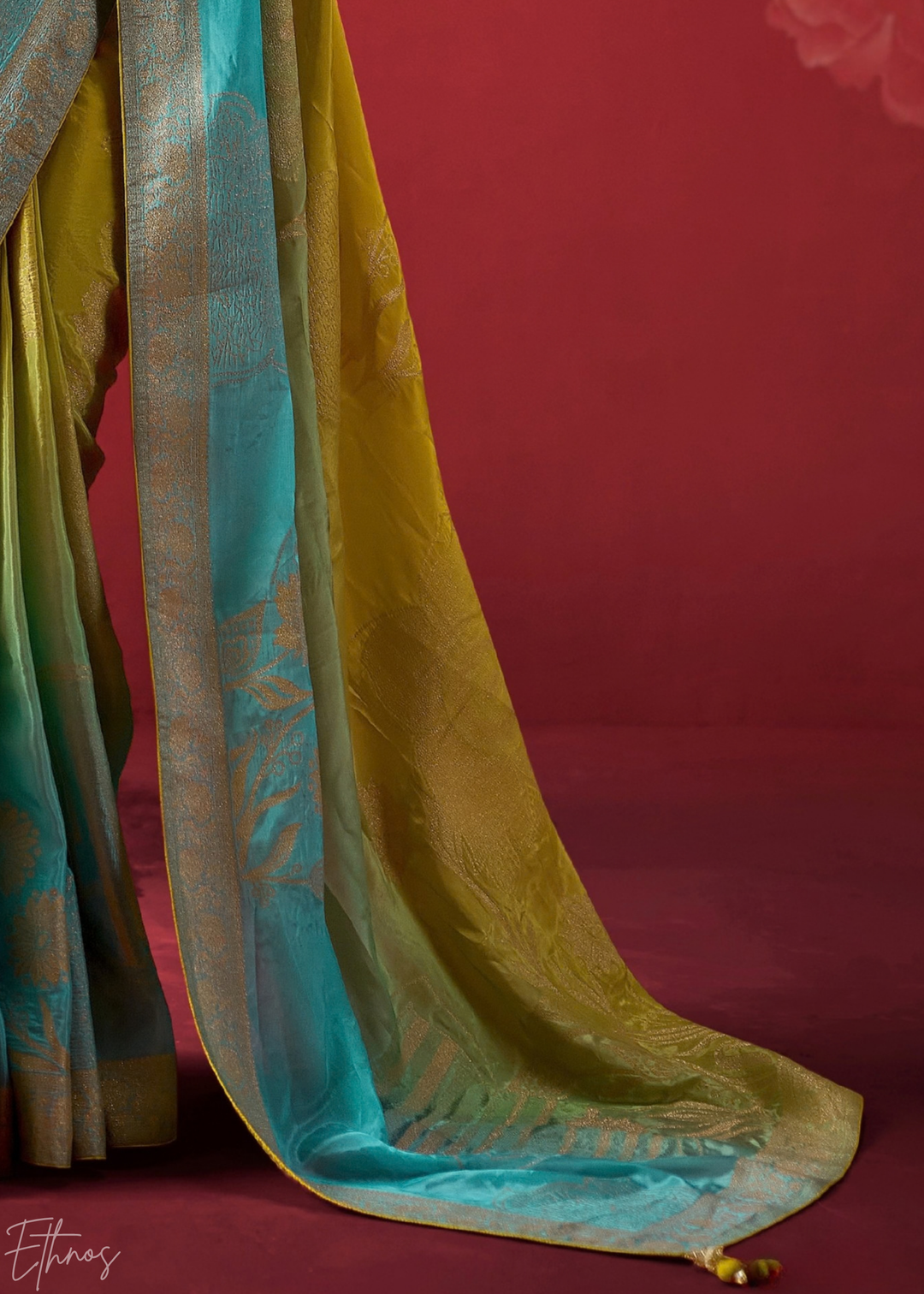 Citron Textured Chevron Ombre Dola Silk Saree