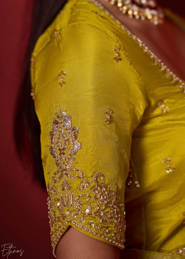 Citron Textured Chevron Ombre Dola Silk Saree