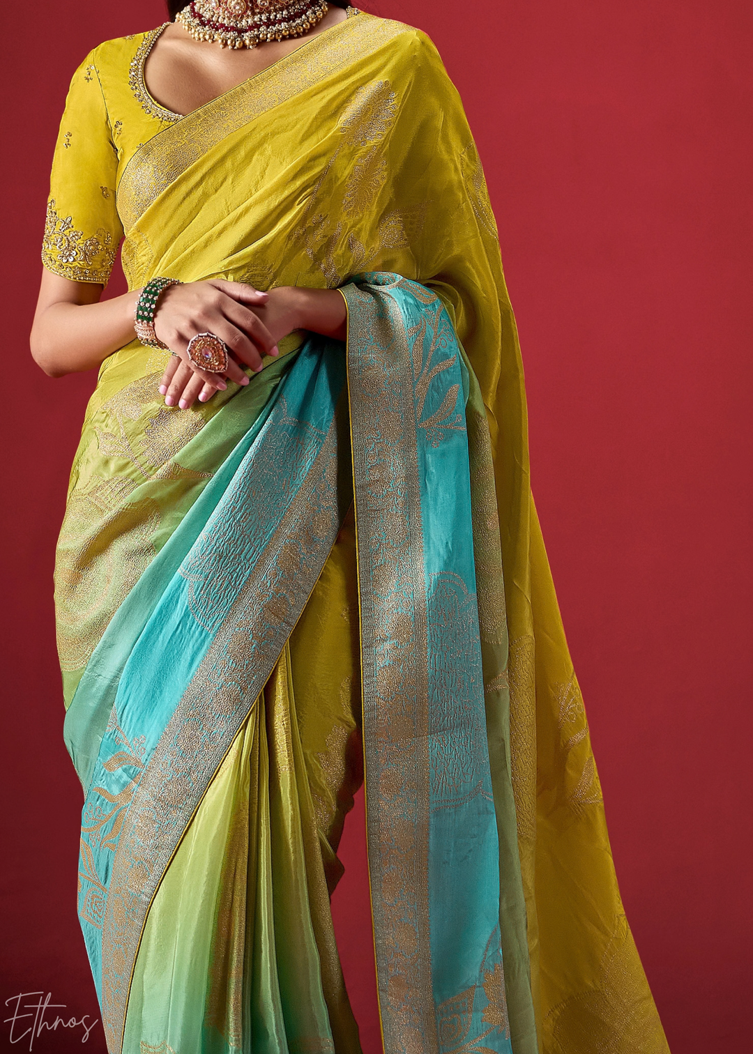 Citron Textured Chevron Ombre Dola Silk Saree