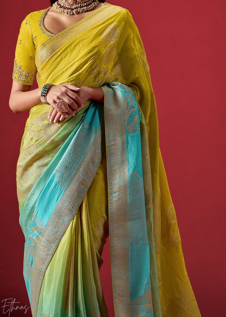Citron Textured Chevron Ombre Dola Silk Saree