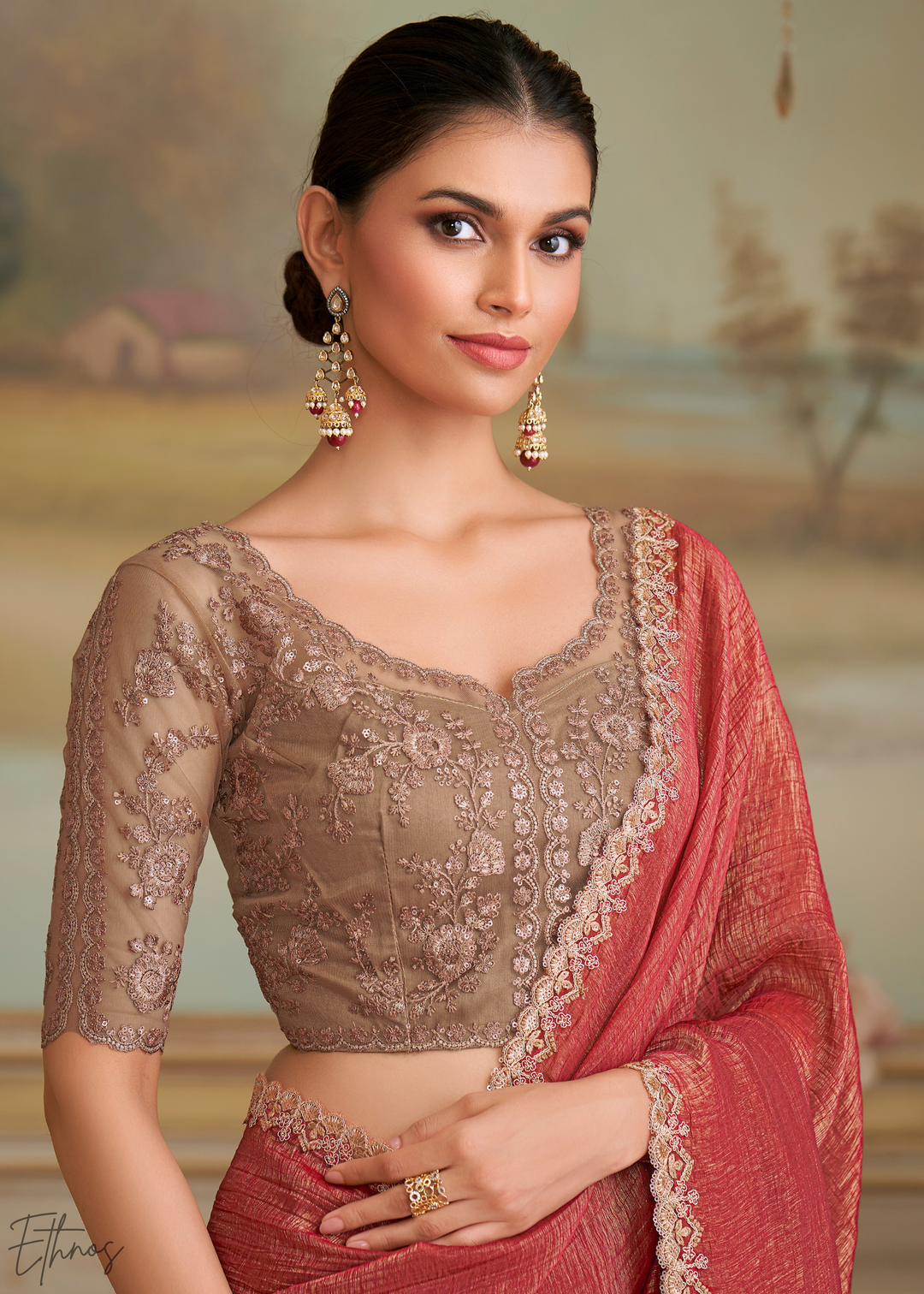 Classic Maroon Gold Metallic Georgette Saree