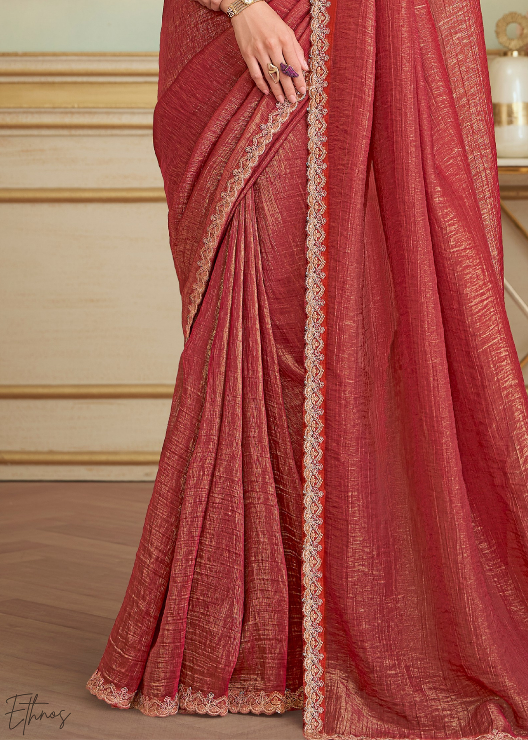 Classic Maroon Gold Metallic Georgette Saree