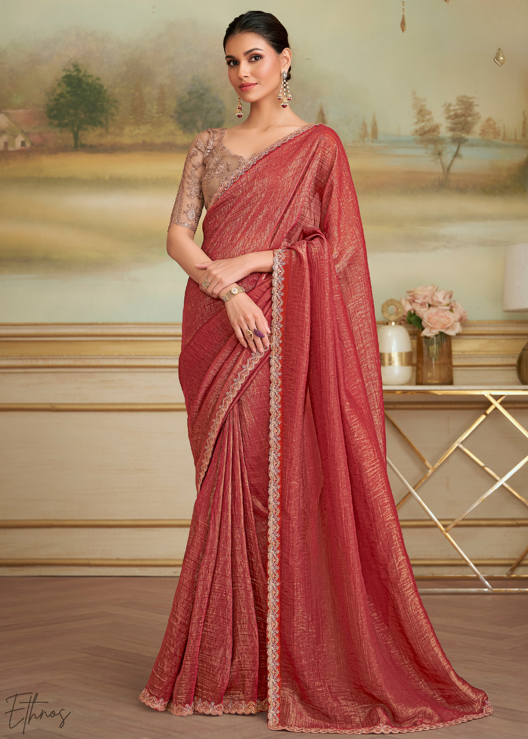 Classic Maroon Gold Metallic Georgette Saree
