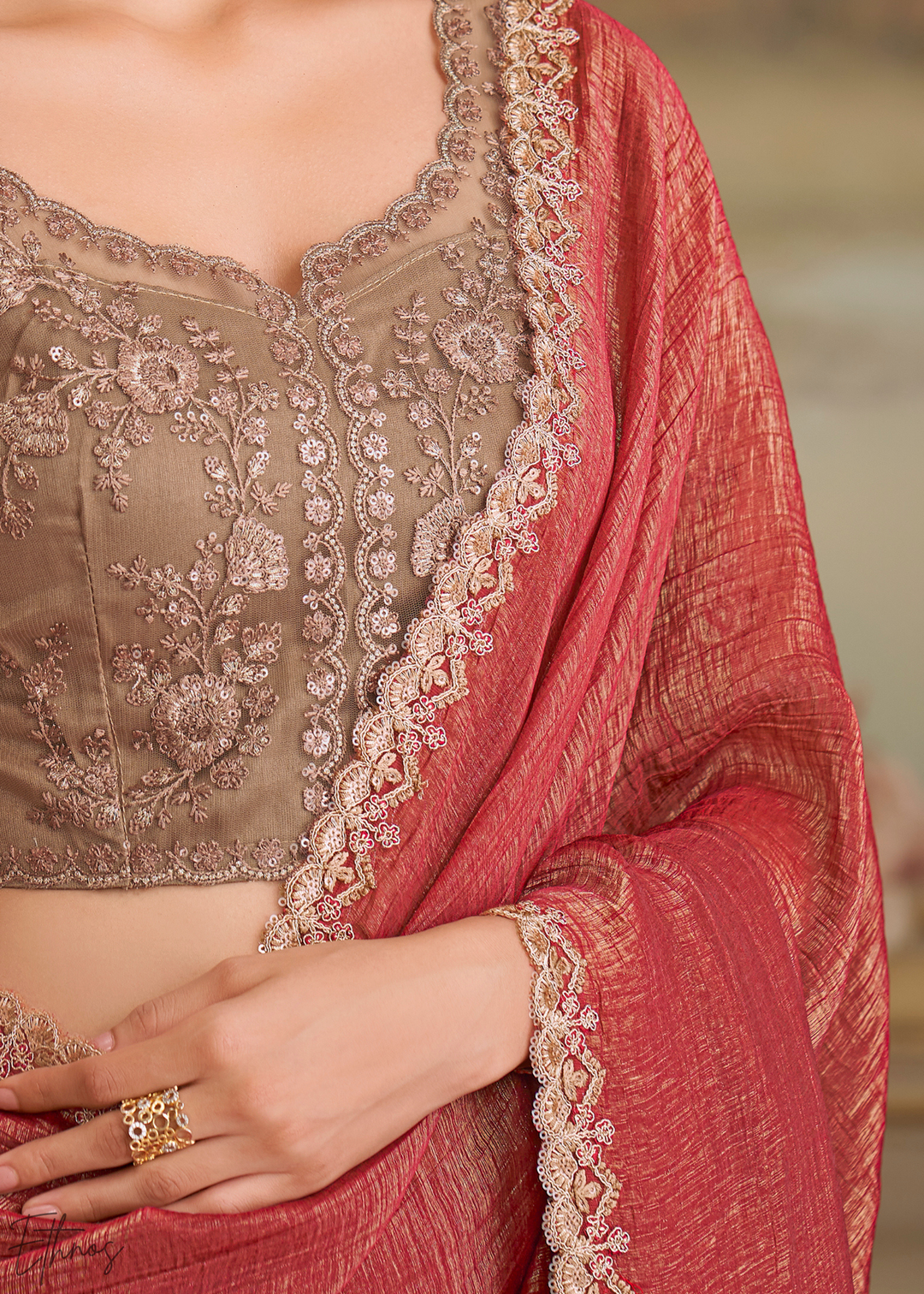 Classic Maroon Gold Metallic Georgette Saree