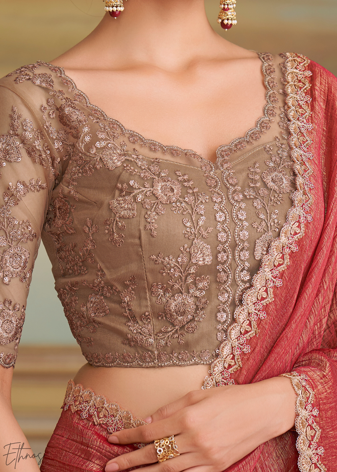 Classic Maroon Gold Metallic Georgette Saree