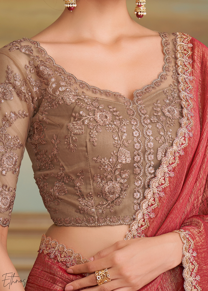 Classic Maroon Gold Metallic Georgette Saree