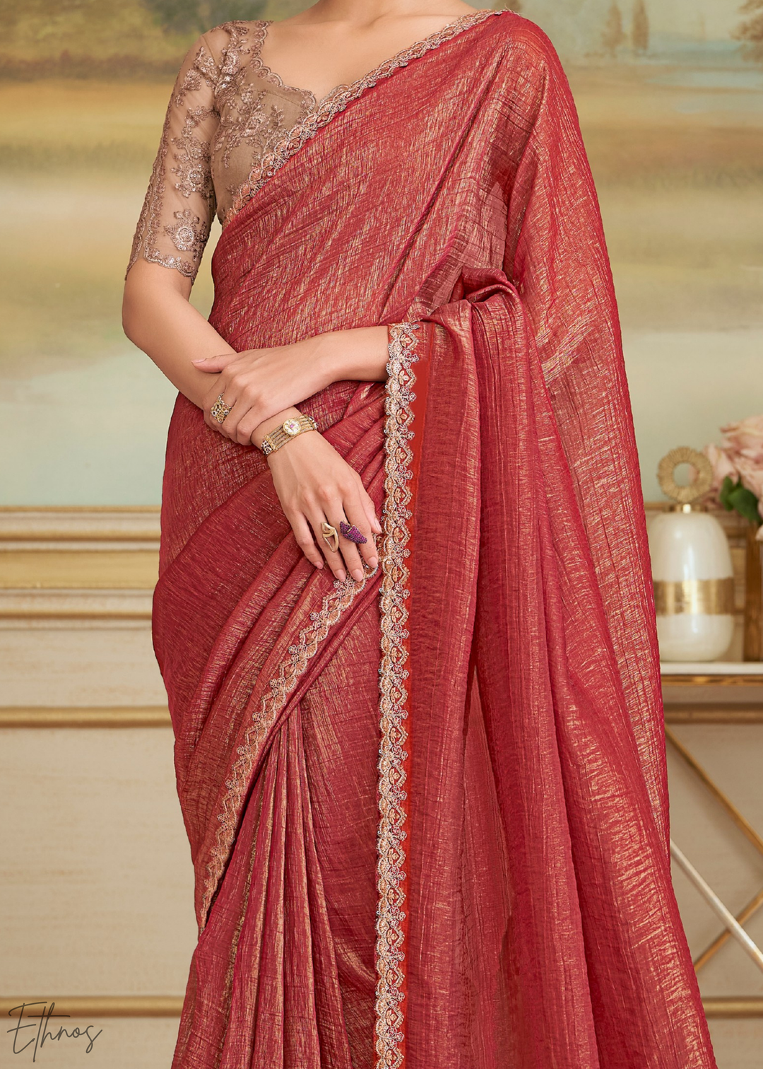Classic Maroon Gold Metallic Georgette Saree