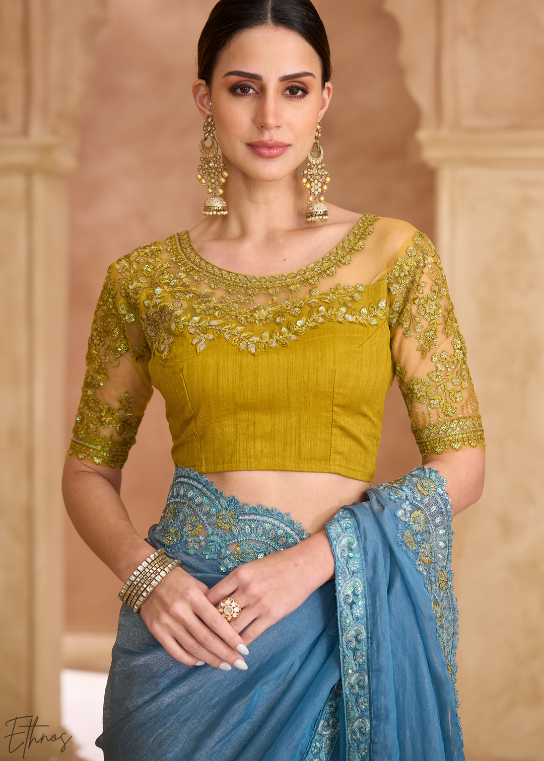 Classic Teal Shimmer Finish Tissue Georgette Saree