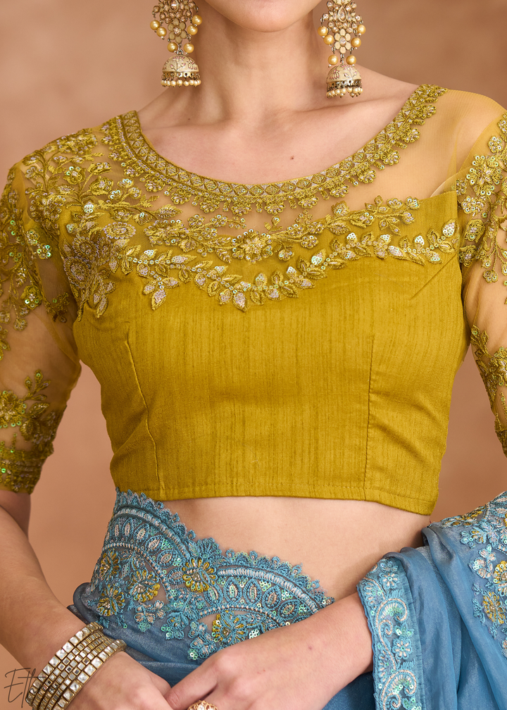 Classic Teal Shimmer Finish Tissue Georgette Saree