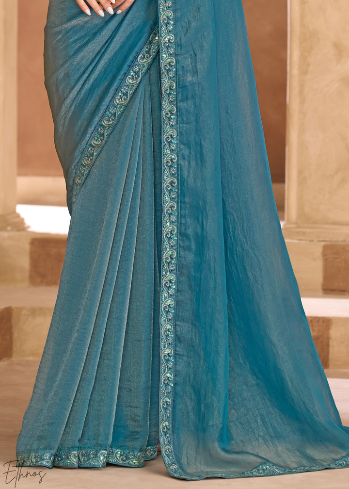Classic Teal Shimmer Finish Tissue Georgette Saree