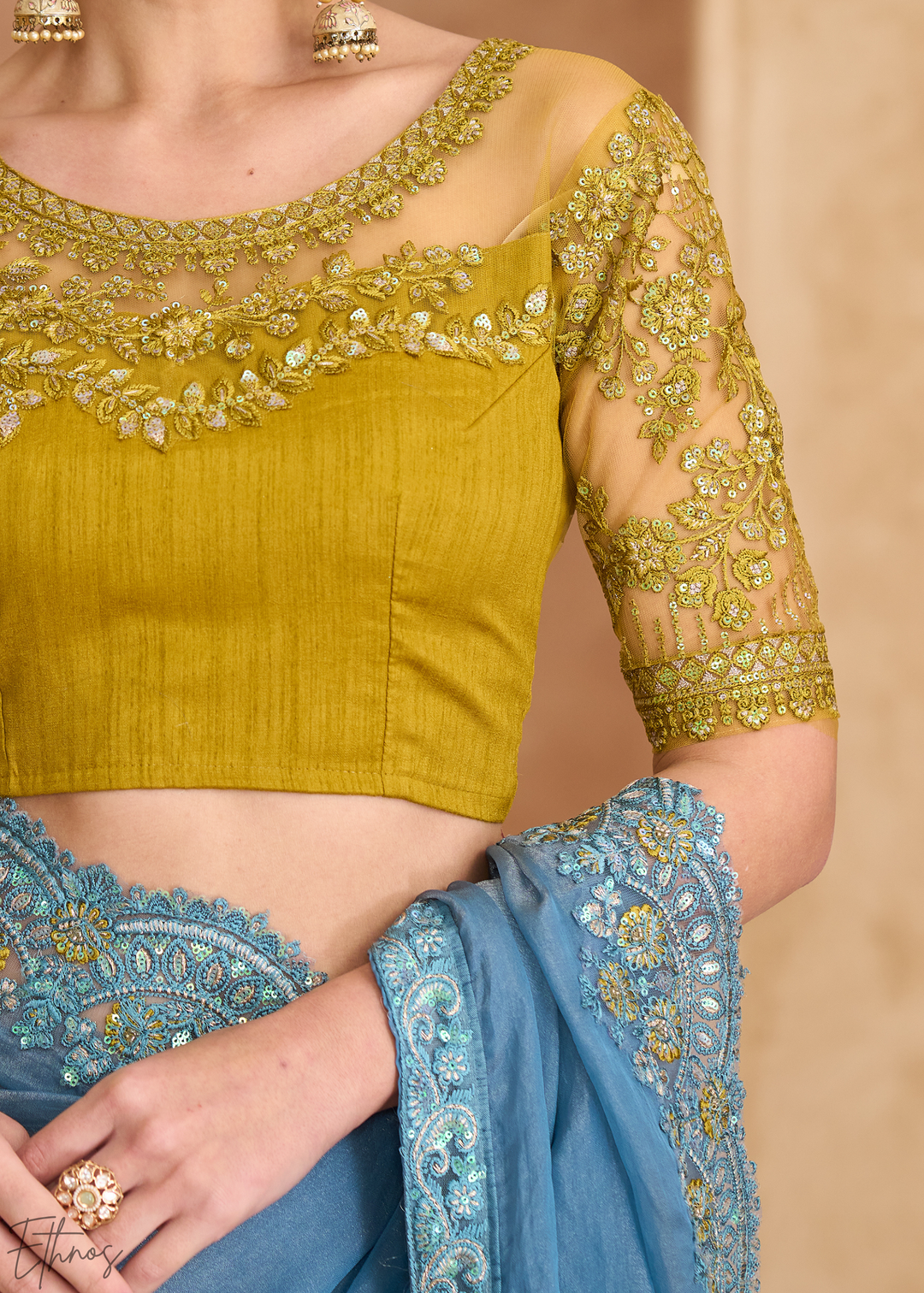 Classic Teal Shimmer Finish Tissue Georgette Saree