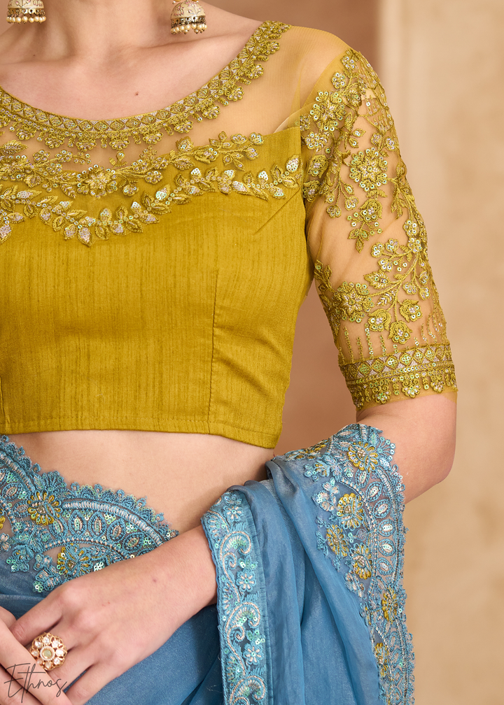 Classic Teal Shimmer Finish Tissue Georgette Saree