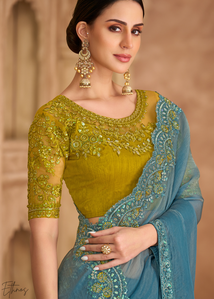 Classic Teal Shimmer Finish Tissue Georgette Saree