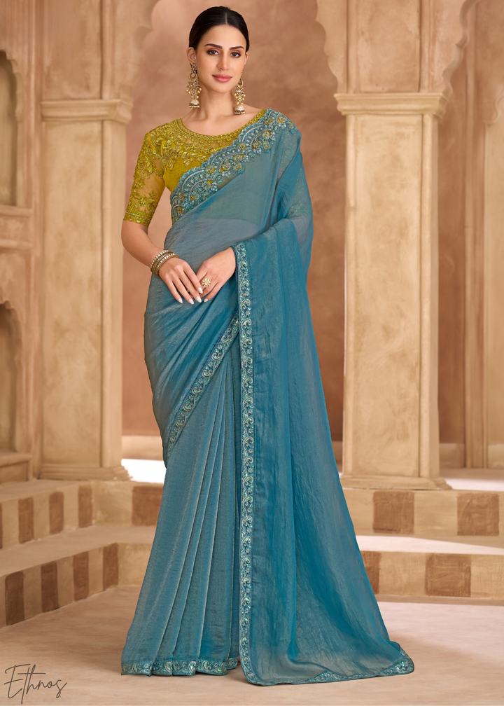 Classic Teal Shimmer Finish Tissue Georgette Saree