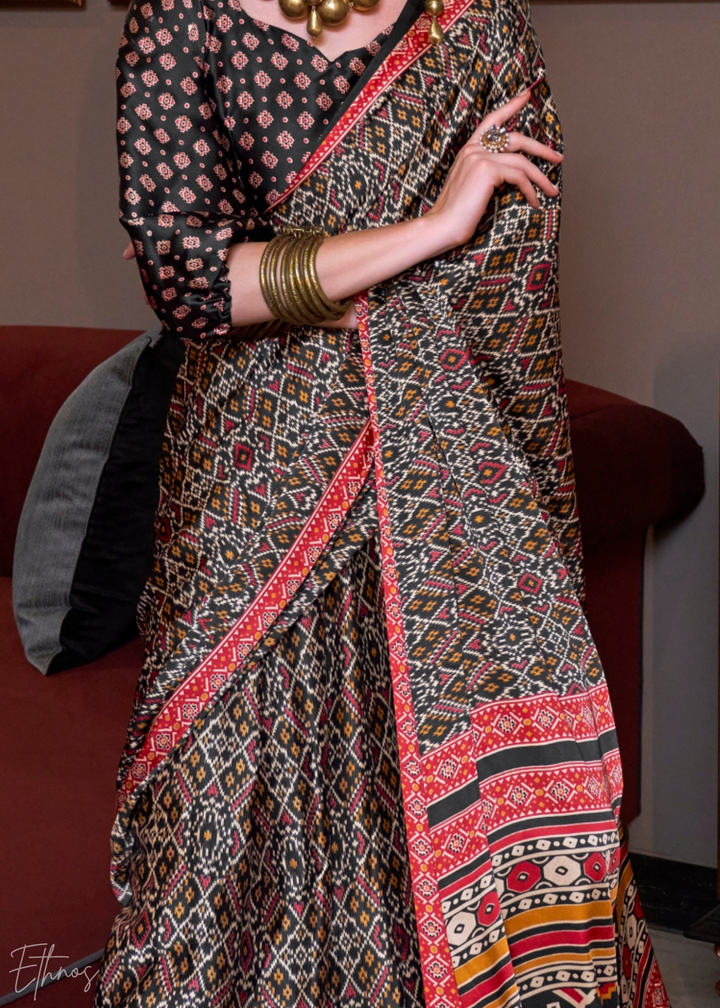 Coal Black Ethnic Patola Crepe Silk Saree