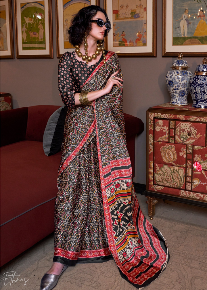 Coal Black Ethnic Patola Crepe Silk Saree