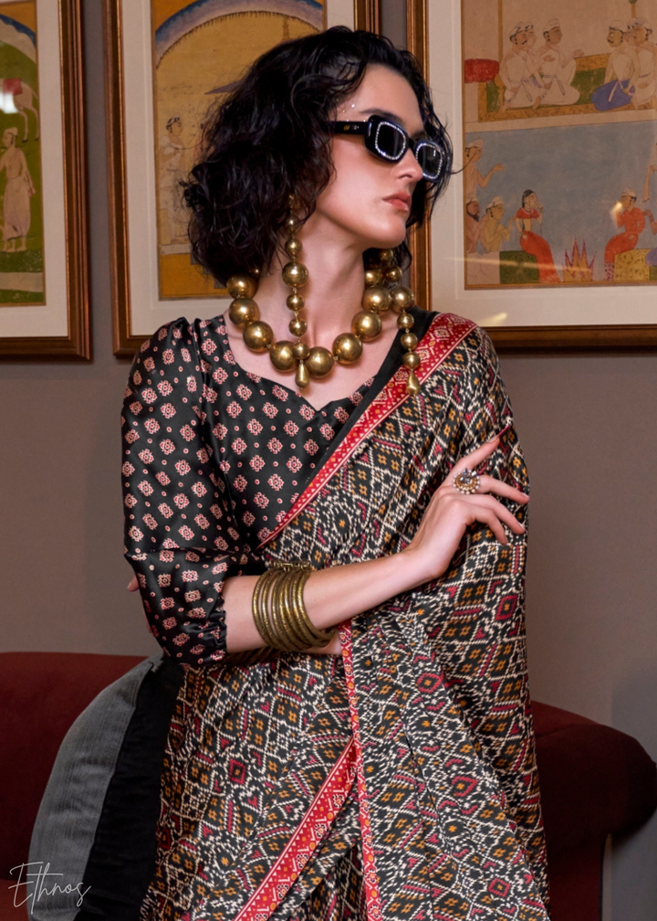 Coal Black Ethnic Patola Crepe Silk Saree