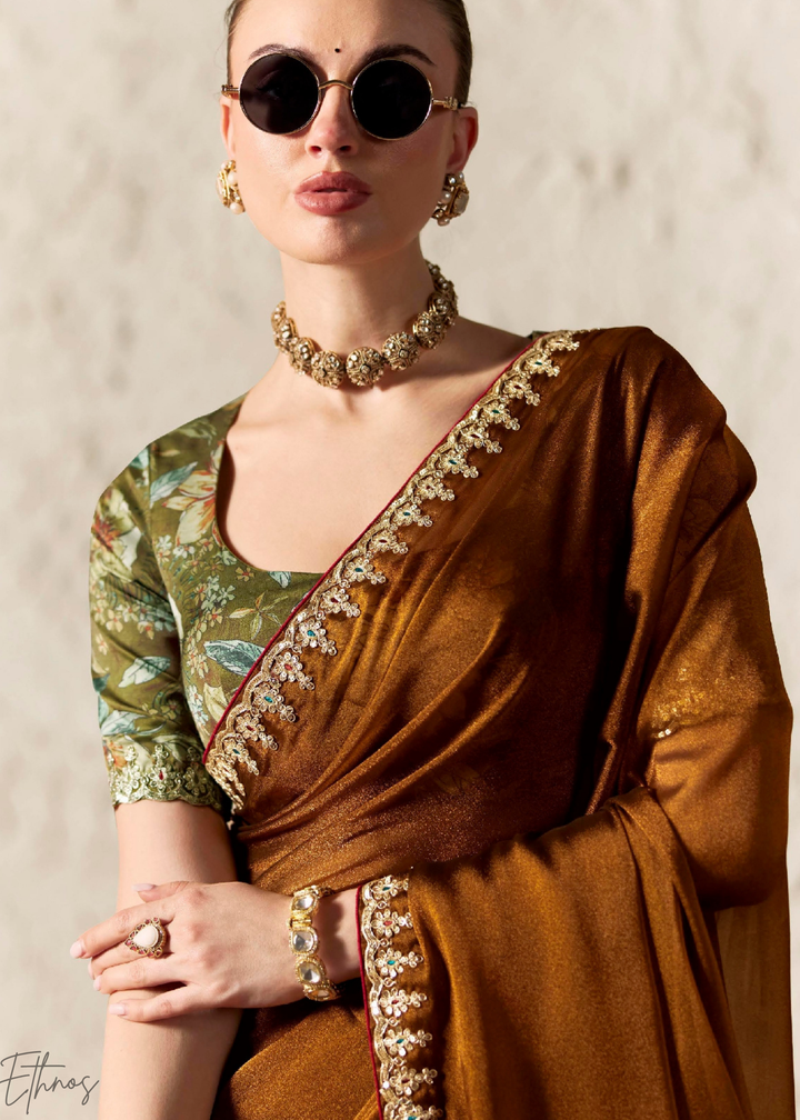 Cocoa Brown Embroidered Glass Tissue Designer Saree
