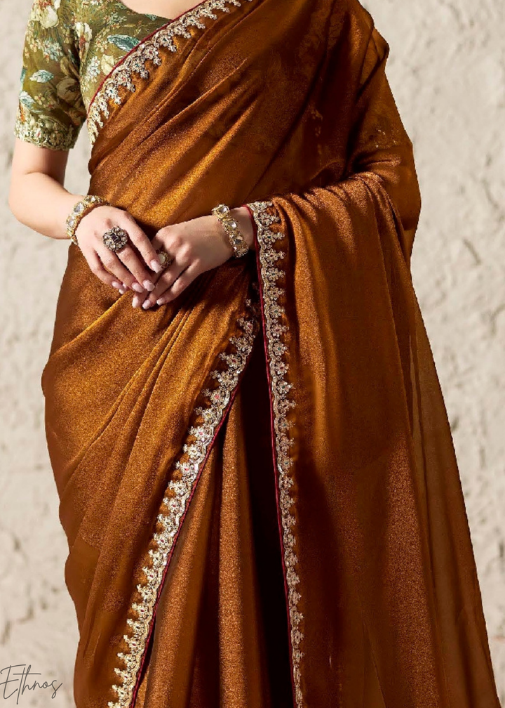 Cocoa Brown Embroidered Glass Tissue Designer Saree
