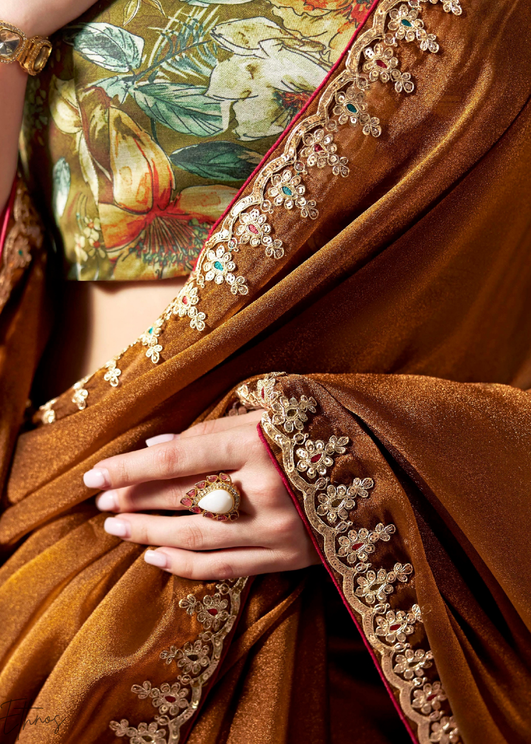 Cocoa Brown Embroidered Glass Tissue Designer Saree