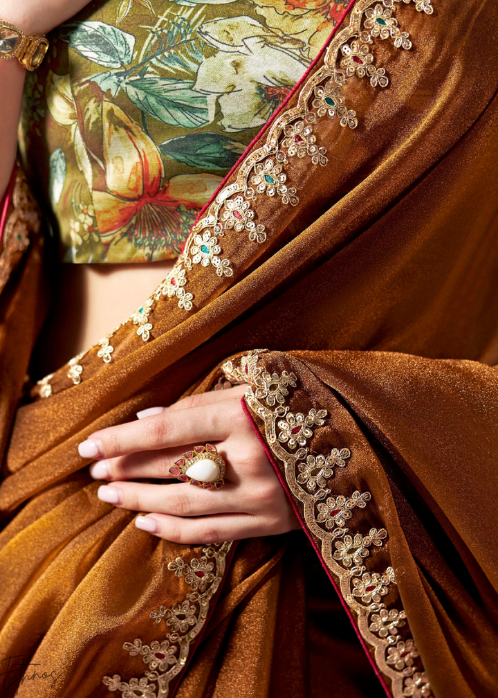 Cocoa Brown Embroidered Glass Tissue Designer Saree