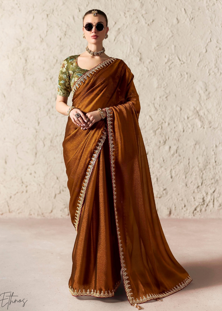 Cocoa Brown Embroidered Glass Tissue Designer Saree