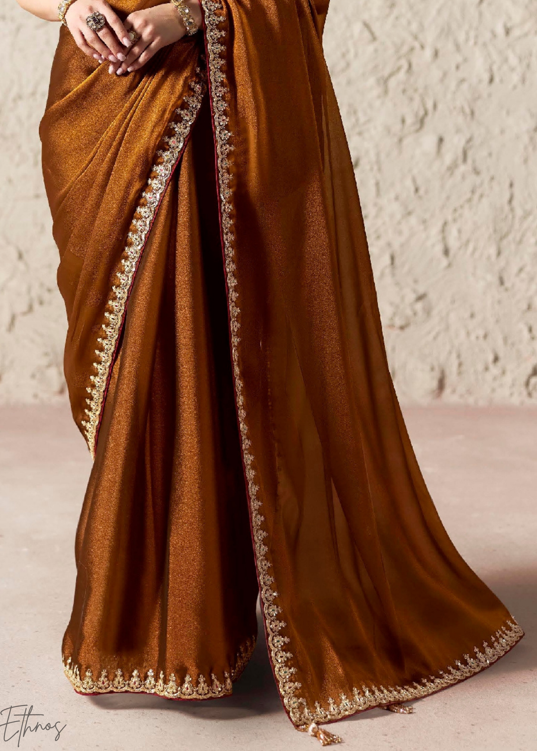 Cocoa Brown Embroidered Glass Tissue Designer Saree