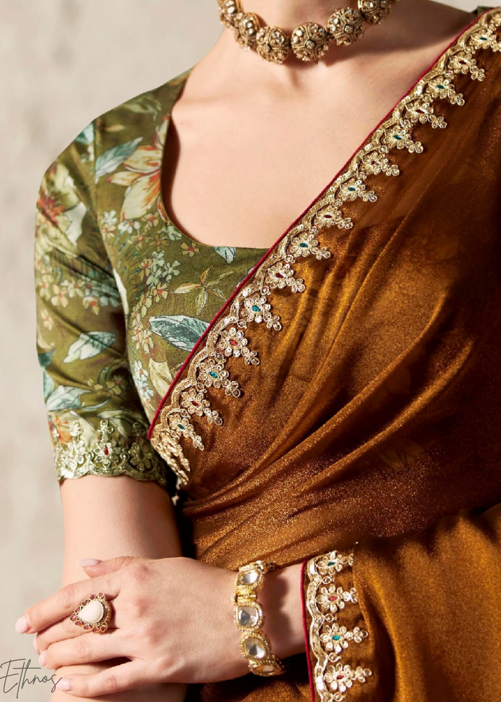 Cocoa Brown Embroidered Glass Tissue Designer Saree