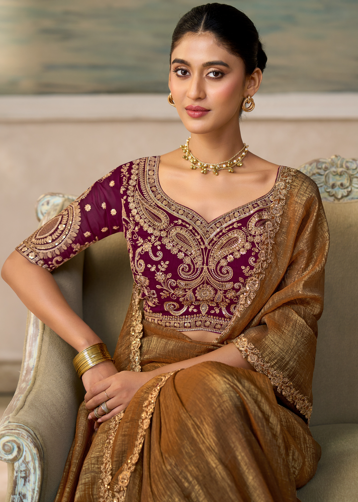 Coffee Brown Ruffle Border Georgette Saree