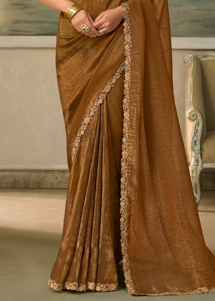 Coffee Brown Ruffle Border Georgette Saree