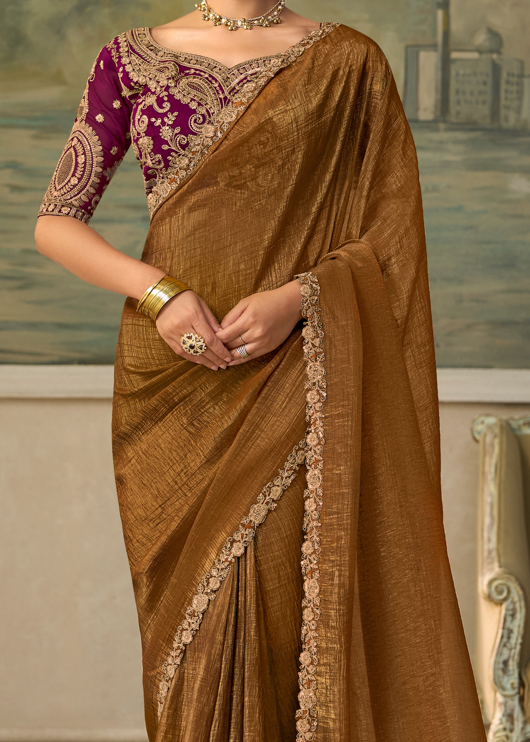 Coffee Brown Ruffle Border Georgette Saree