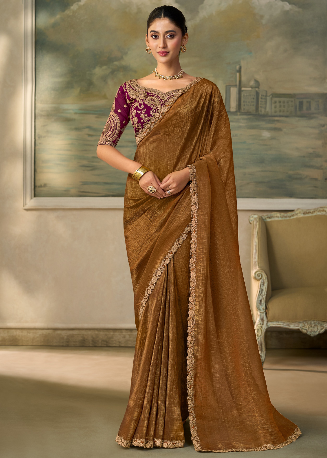 Coffee Brown Ruffle Border Georgette Saree