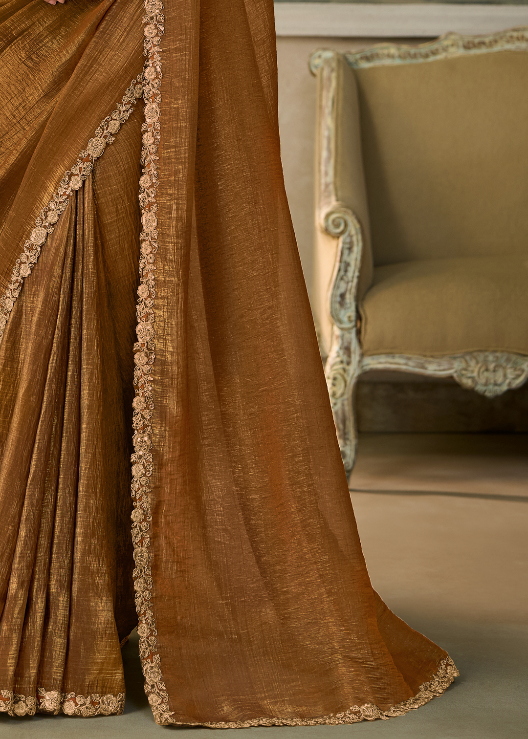 Coffee Brown Ruffle Border Georgette Saree