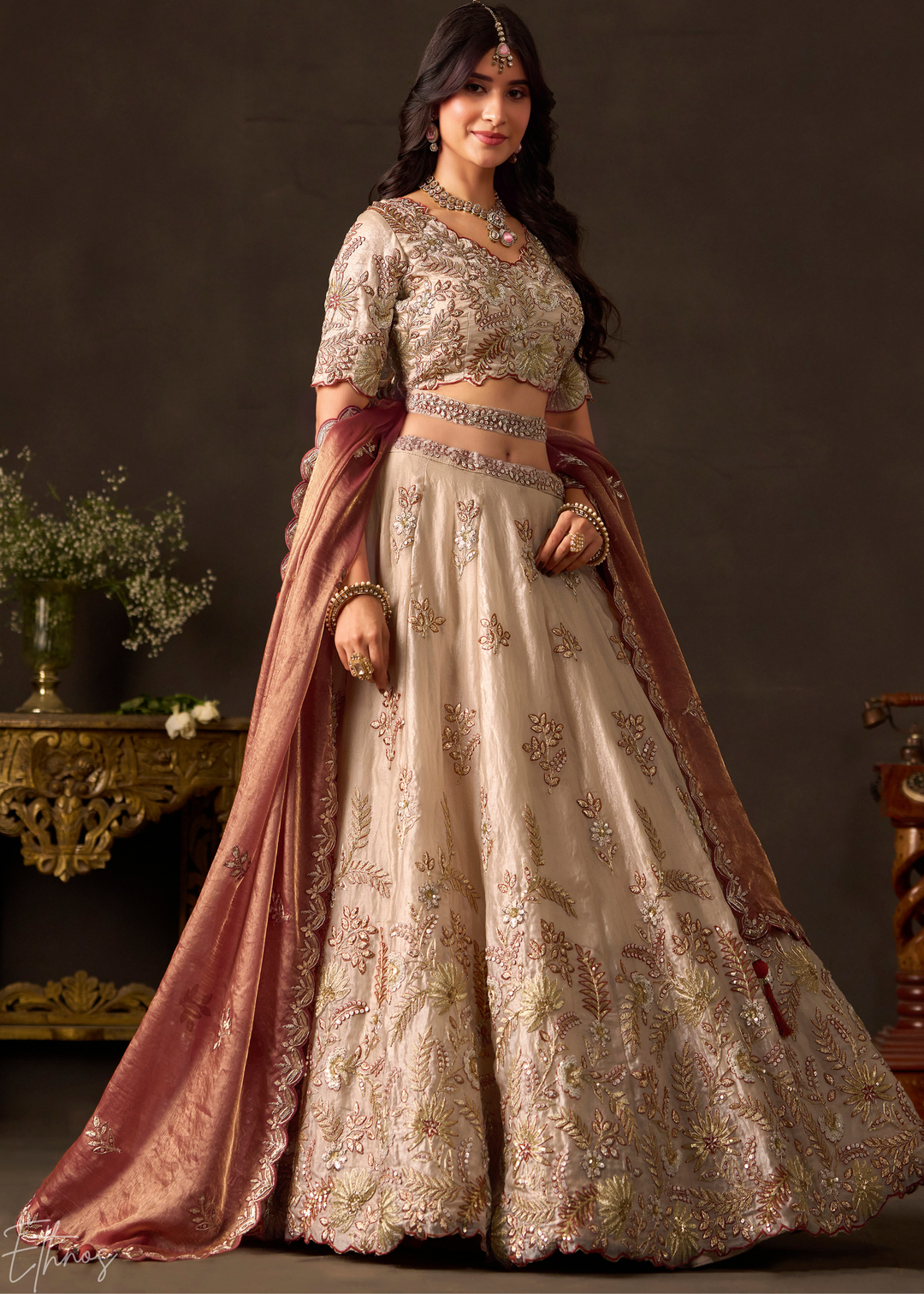 Copper Gilded Meadow Silk Lehenga Choli