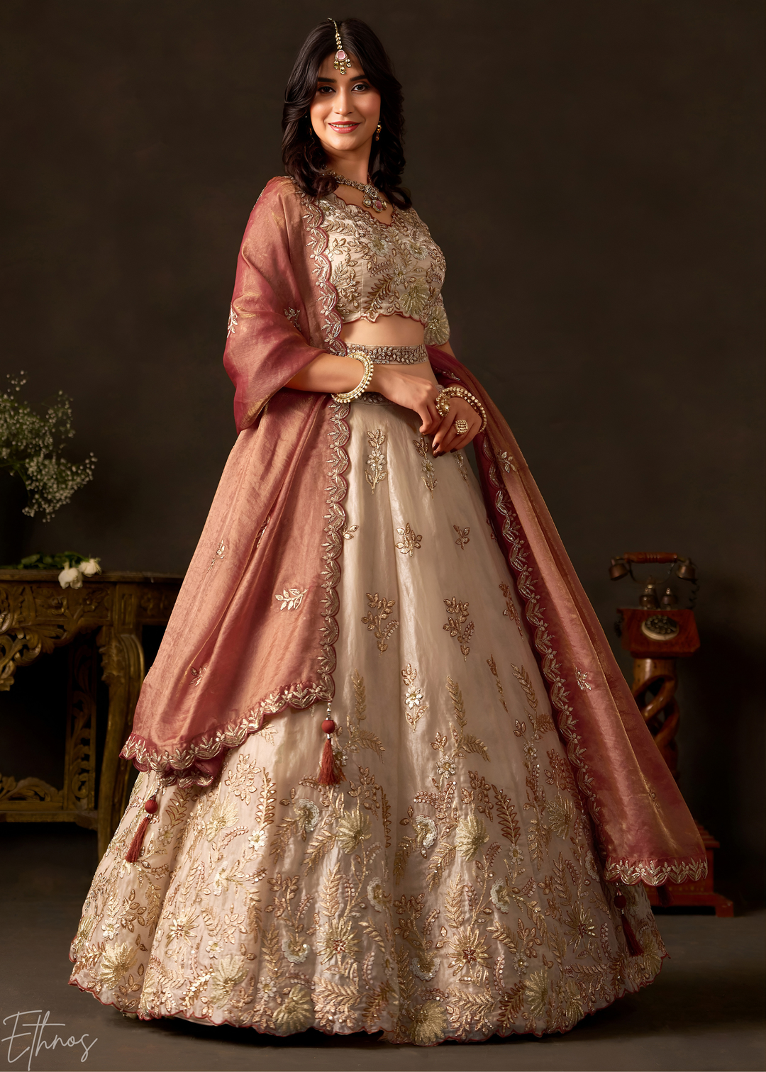 Copper Gilded Meadow Silk Lehenga Choli