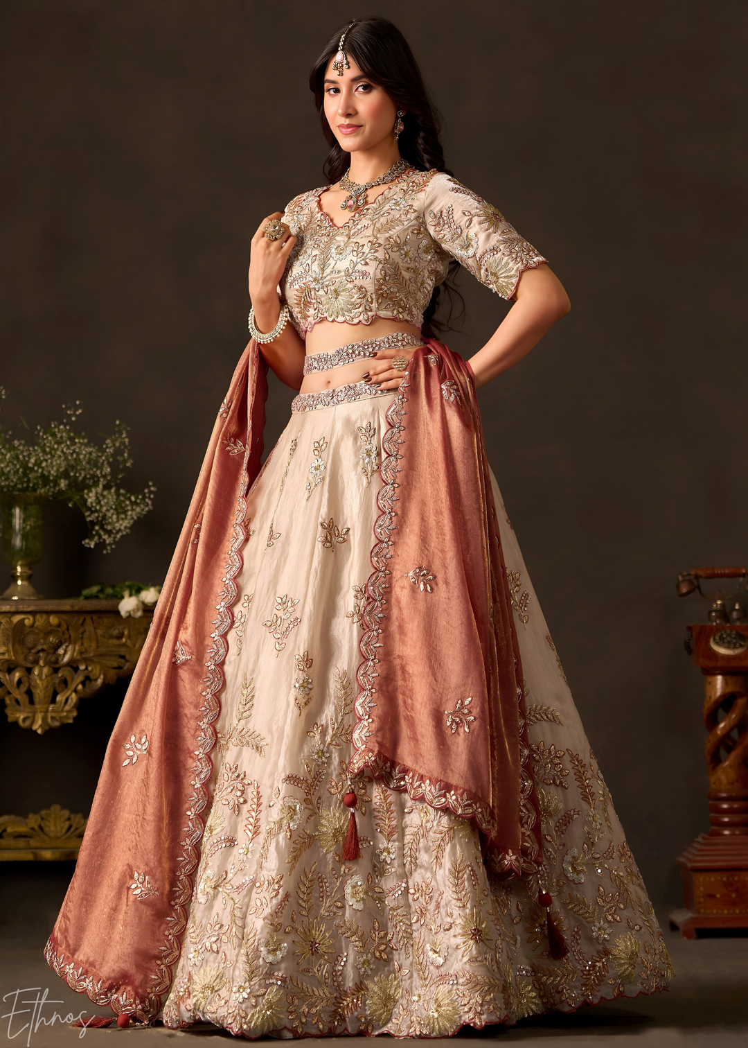 Copper Gilded Meadow Silk Lehenga Choli