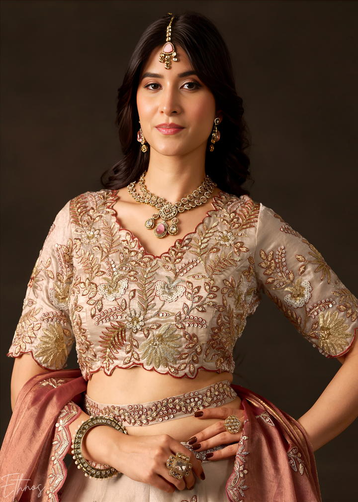 Copper Gilded Meadow Silk Lehenga Choli